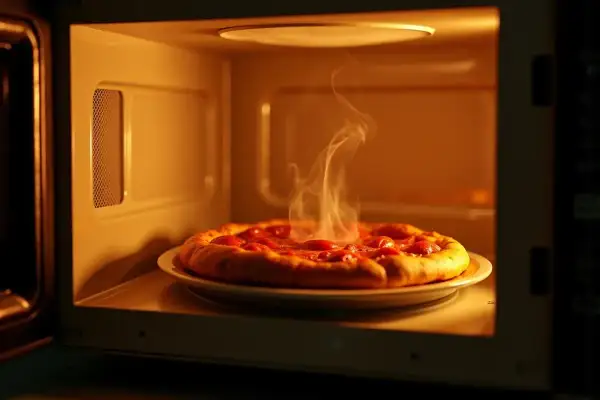 Gorąca pizza paruje w mikrofalówce na talerzu.